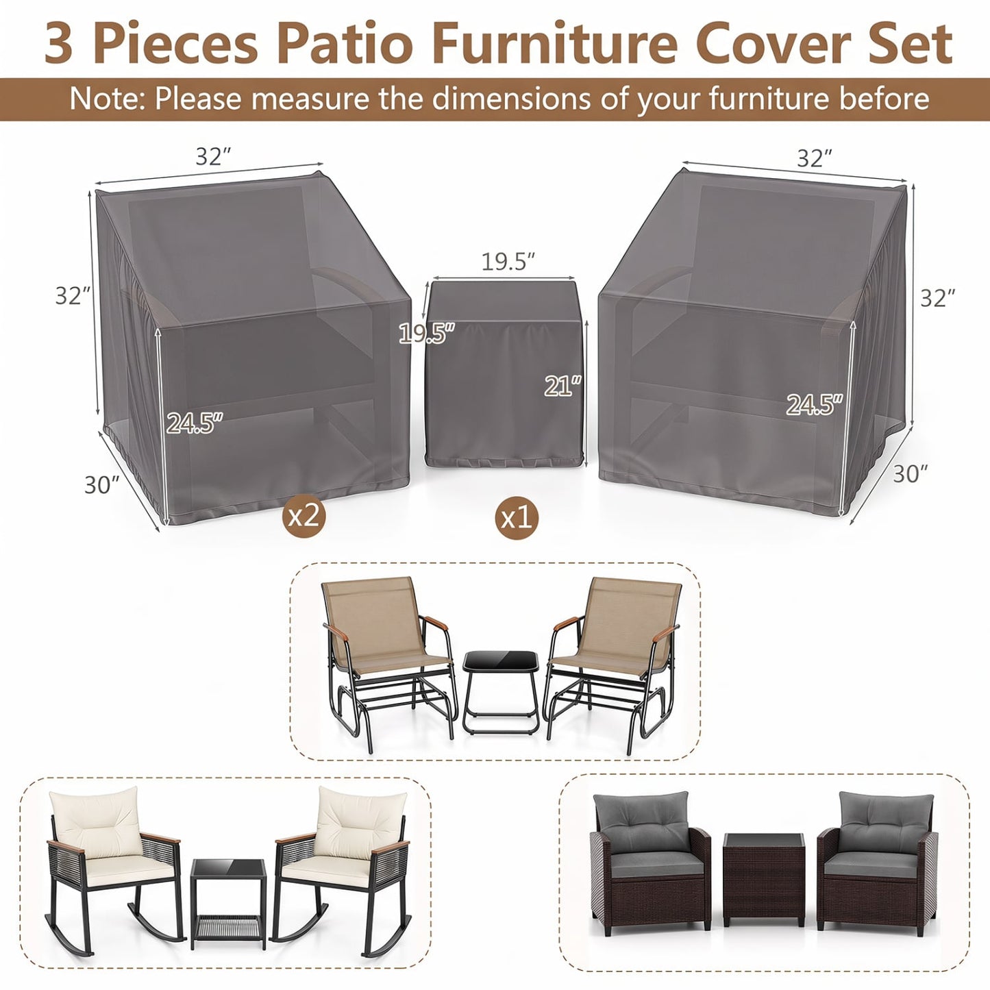 Housses de mobilier de patio extérieur, ensemble de bistrot 3 pièces, gris