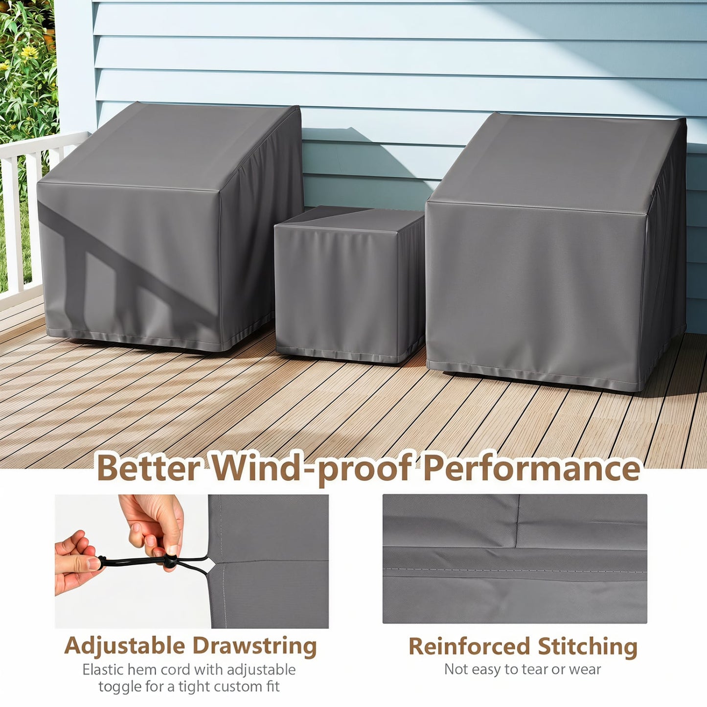 Housses de mobilier de patio extérieur, ensemble de bistrot 3 pièces, gris