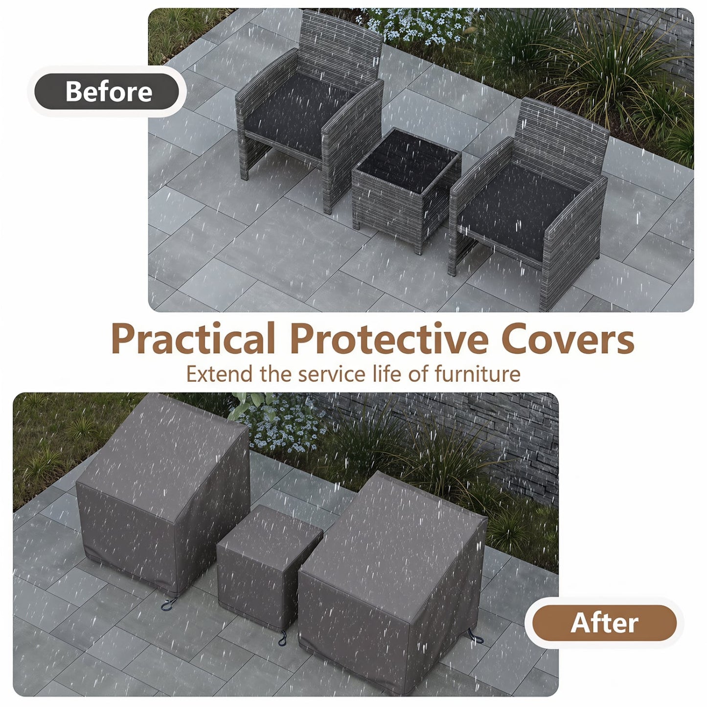 Housses de mobilier de patio extérieur, ensemble de bistrot 3 pièces, gris