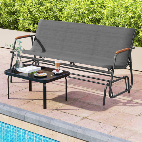 Patio Glider Bench, Curved Teak Armrests, Fabric Seat, 3 Person, Gray