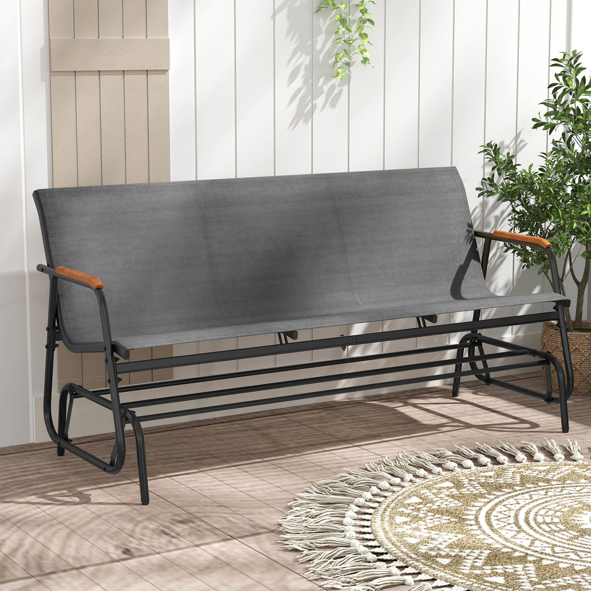 Patio Glider Bench, Curved Teak Armrests, Fabric Seat, 3 Person, Gray Patio Rocking Chairs & Gliders at Gallery Canada