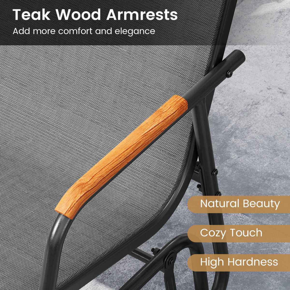 Patio Glider Bench, Curved Teak Armrests, Fabric Seat, 3 Person, Gray Patio Rocking Chairs & Gliders at Gallery Canada