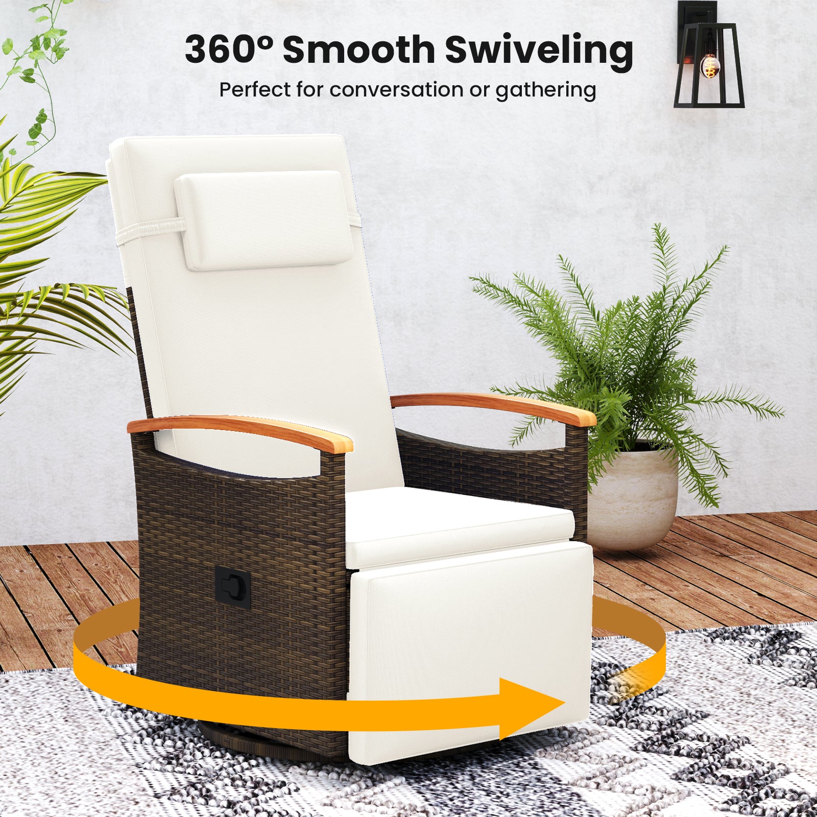 Patio Rattan 360° Swivel Recliner Chair, Adjustable Backrest, Footrest, White Outdoor Seating & Patio Chairs at Gallery Canada