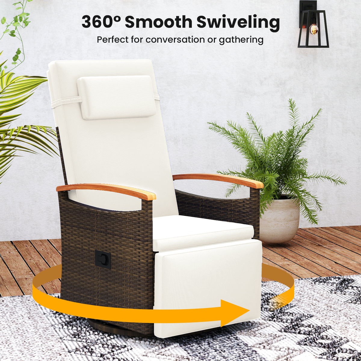 Patio Rattan 360° Swivel Recliner Chair, Adjustable Backrest, Footrest, White Outdoor Seating & Patio Chairs at Gallery Canada