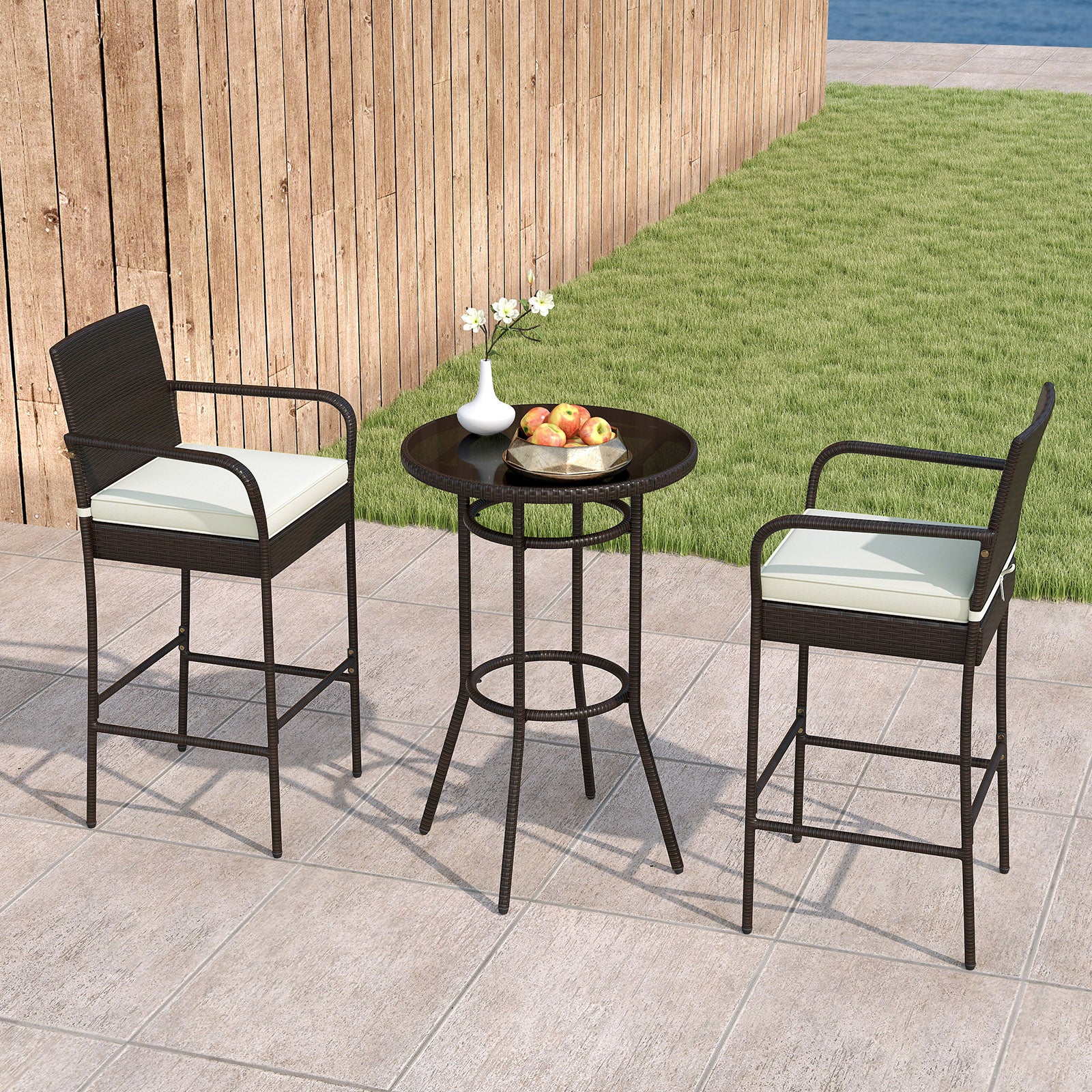 Rattan Bar Height Table And Chairs, 2 Seat Cushions, White Patio Bar Furniture at Gallery Canada