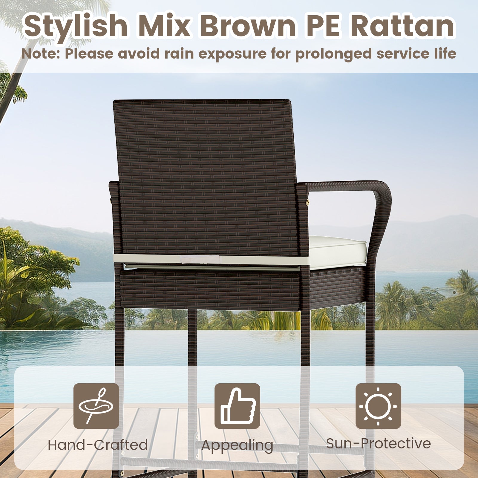 Rattan Bar Height Table And Chairs, 2 Seat Cushions, White Patio Bar Furniture at Gallery Canada