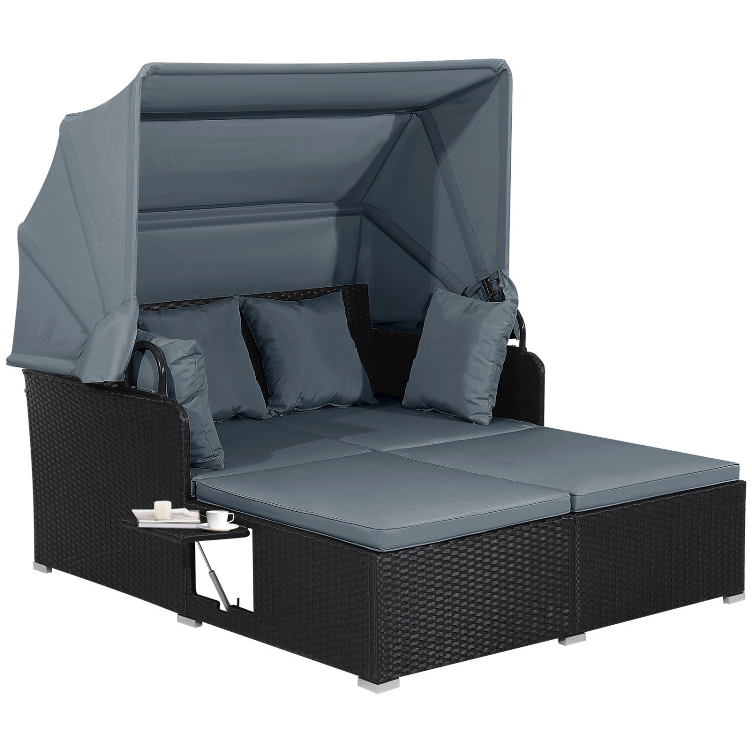 Patio Rattan Daybed With Retractable Canopy, Side Tables, Gray Outdoor Sectionals at Gallery Canada