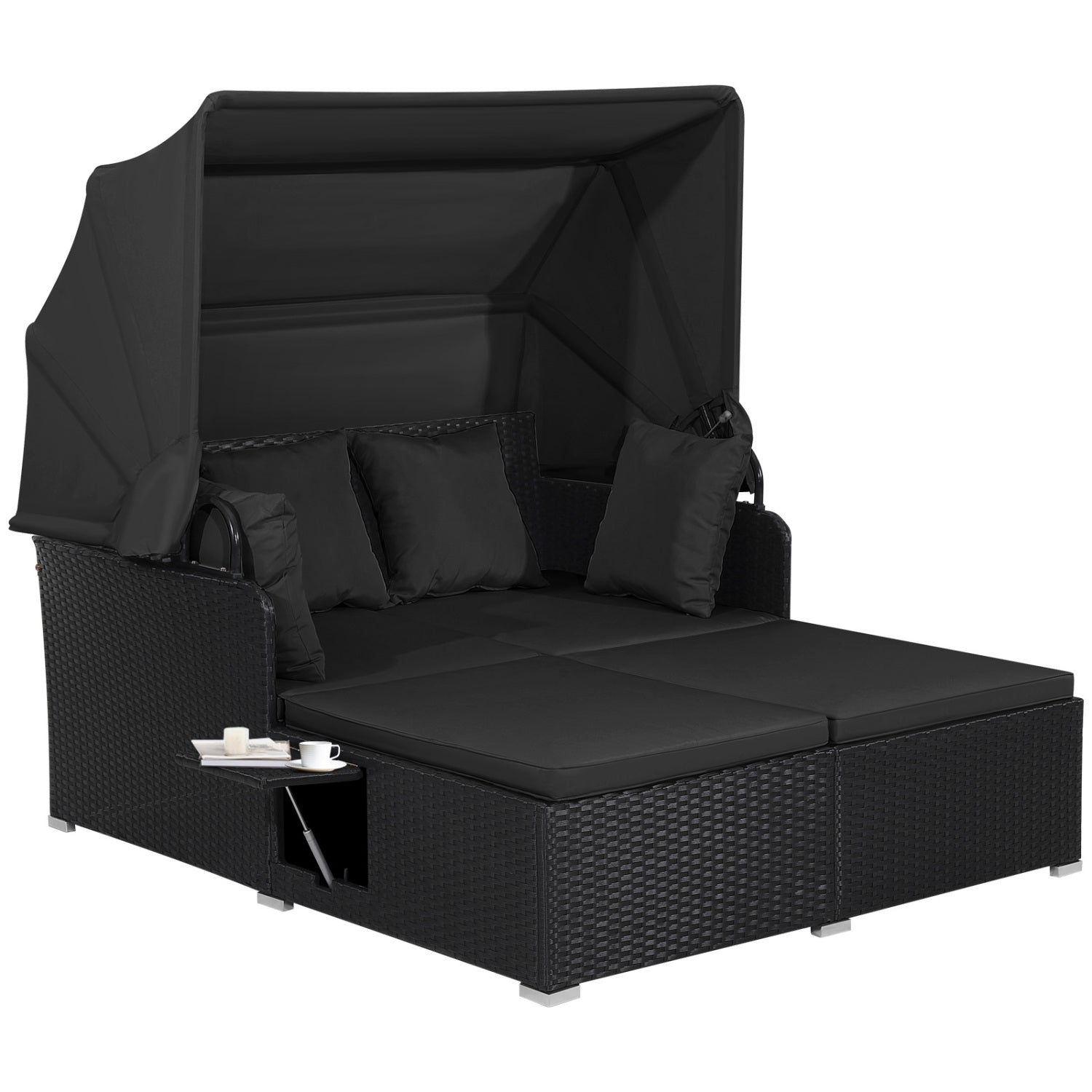 Patio Rattan Daybed With Retractable Canopy, Side Tables, Black Outdoor Sectionals Black at Gallery Canada
