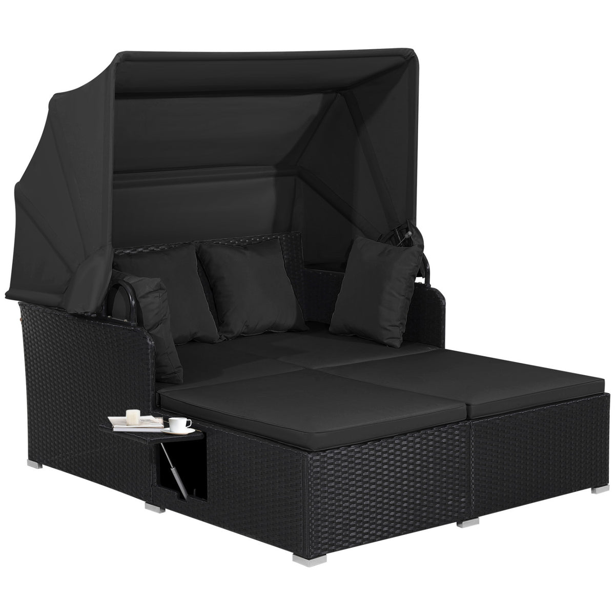 Patio Rattan Daybed With Retractable Canopy, Side Tables, Black Outdoor Sectionals at Gallery Canada