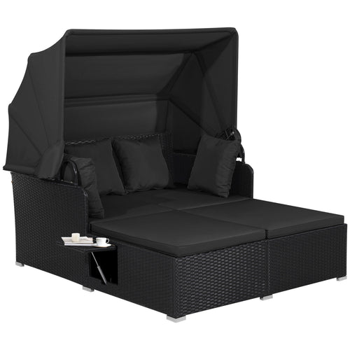 Patio Rattan Daybed With Retractable Canopy, Side Tables, Black