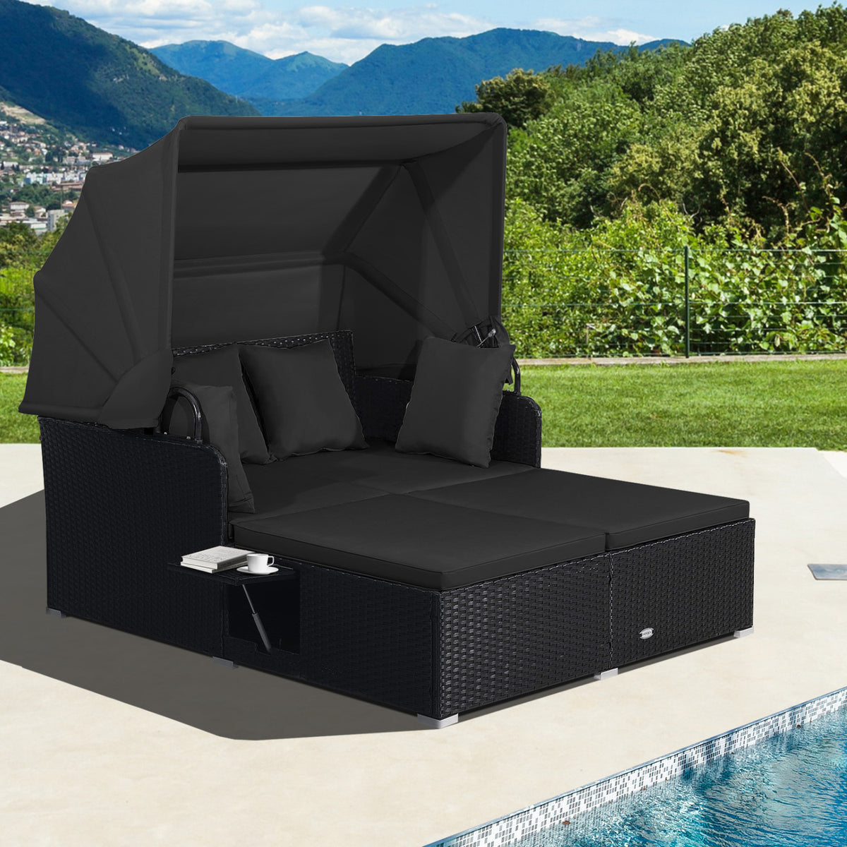 Patio Rattan Daybed With Retractable Canopy, Side Tables, Black Outdoor Sectionals at Gallery Canada