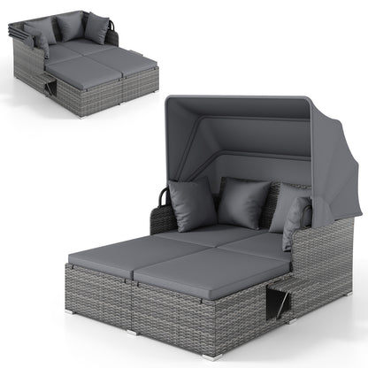 Patio Rattan Daybed with Retractable Canopy and Side Tables-Mix Gray, Mix Grey-grey Outdoor Sectionals at Gallery Canada