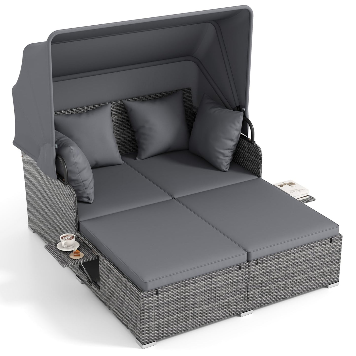 Patio Rattan Daybed with Retractable Canopy and Side Tables-Mix Gray, Mix Grey-grey Outdoor Sectionals Mix Grey-grey at Gallery Canada