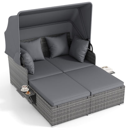 Patio Rattan Daybed with Retractable Canopy and Side Tables-Mix Gray, Mix Grey-grey Outdoor Sectionals Mix Grey-grey at Gallery Canada