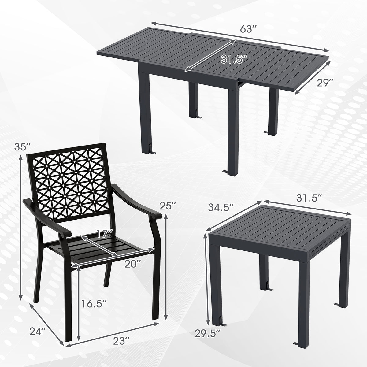 Aluminum Table And Stackable Armchairs Set, Rectangular Slatted Tabletop Patio Dining Sets at Gallery Canada