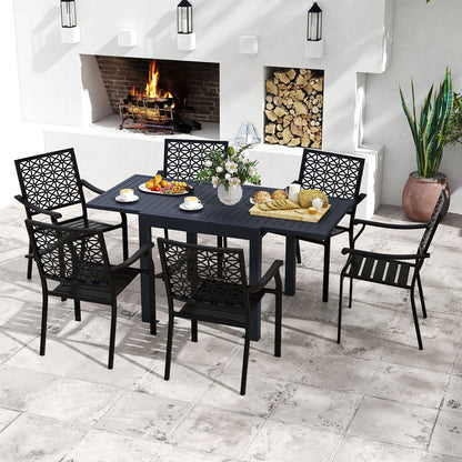 Aluminum Table And Stackable Armchairs Set, Rectangular Slatted Tabletop Patio Dining Sets at Gallery Canada