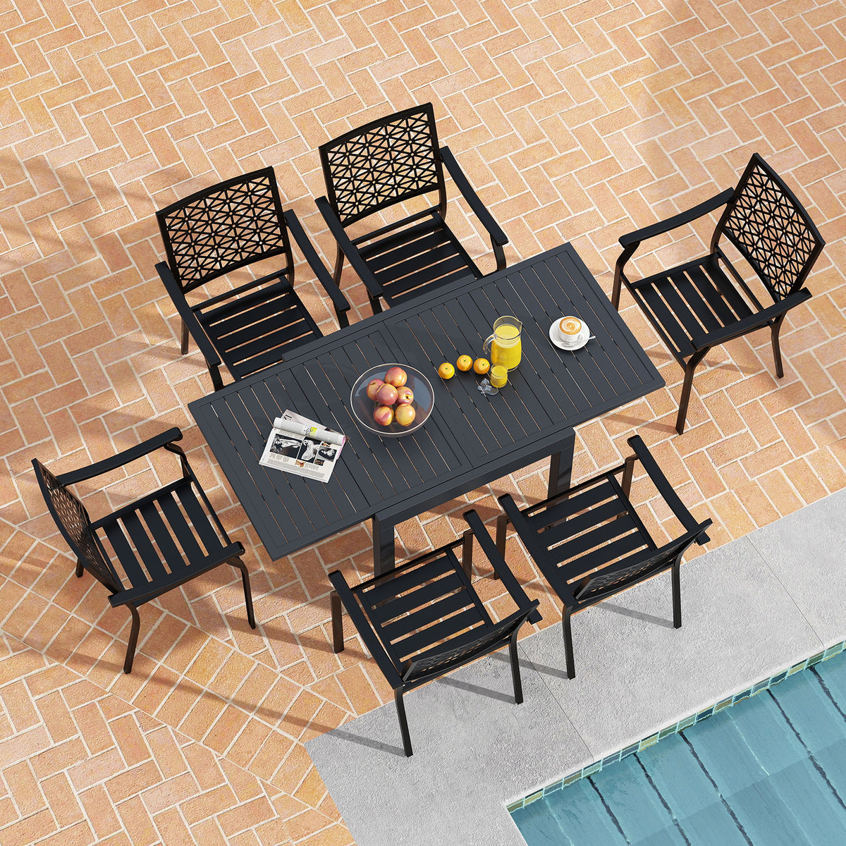 Aluminum Table And Stackable Armchairs Set, Rectangular Slatted Tabletop Patio Dining Sets at Gallery Canada