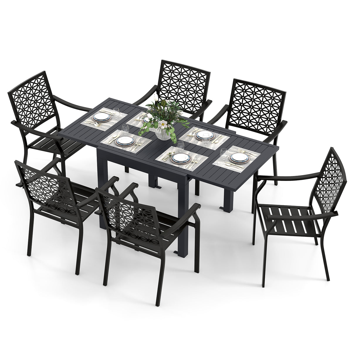 Aluminum Table And Stackable Armchairs Set, Rectangular Slatted Tabletop Patio Dining Sets Options at Gallery Canada