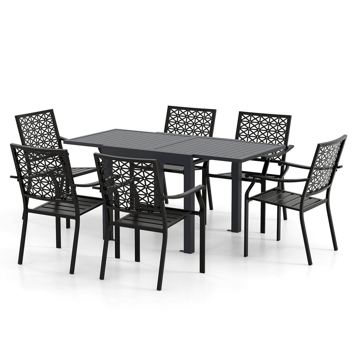 Aluminum Table And Stackable Armchairs Set, Rectangular Slatted Tabletop Patio Dining Sets at Gallery Canada