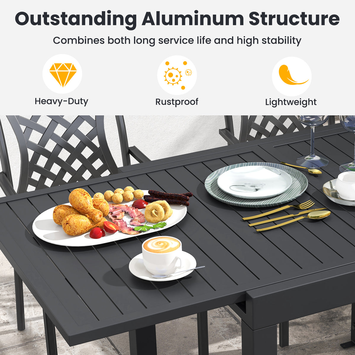 Aluminum Table And Stackable Armchairs Set, Rectangular Slatted Tabletop Patio Dining Sets at Gallery Canada