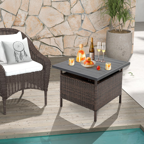 Square Wicker Side Table With Umbrella Hole, Brown