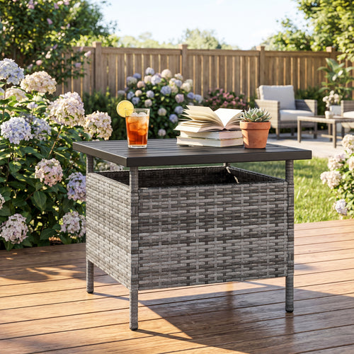 Square Wicker Side Table, With Umbrella Hole, Gray