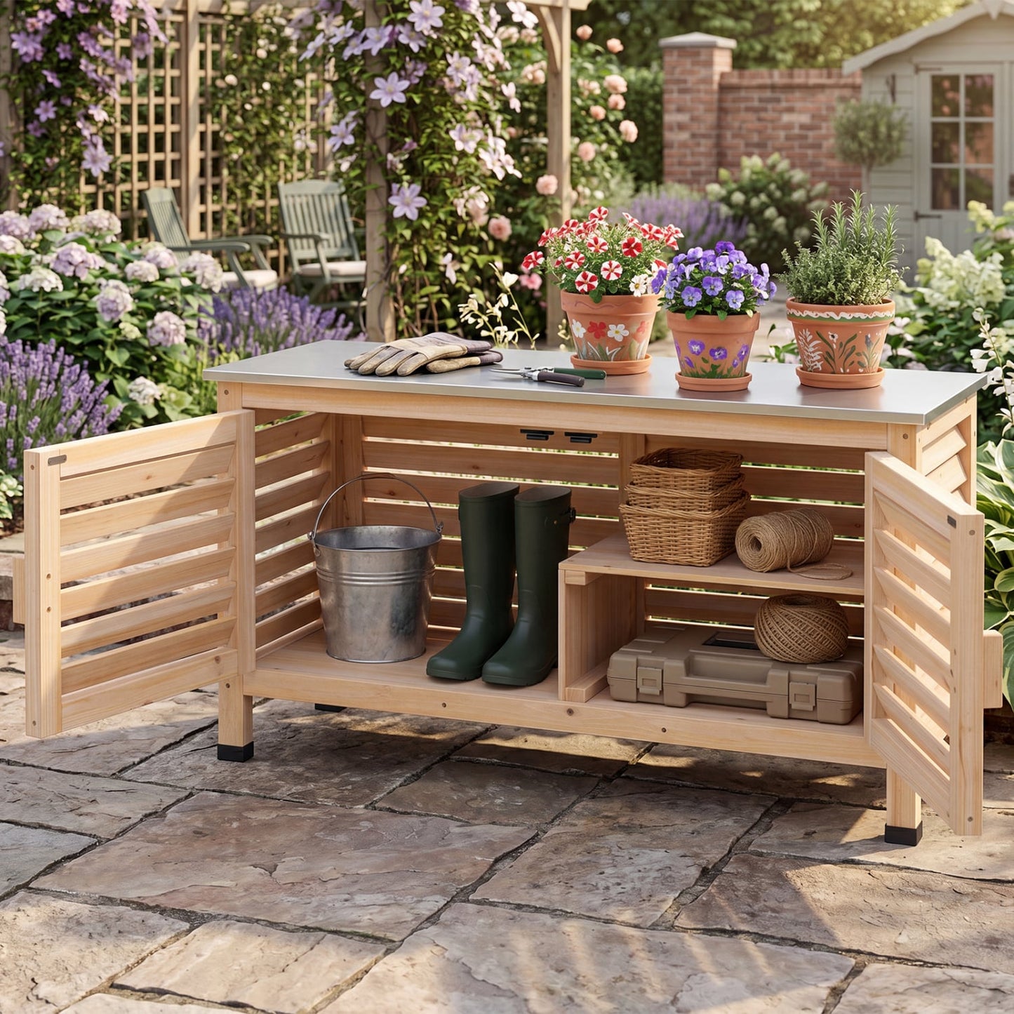 Patio Storage Cabinet, Stainless Steel Countertop, Natural Potting Benches & Tables at Gallery Canada