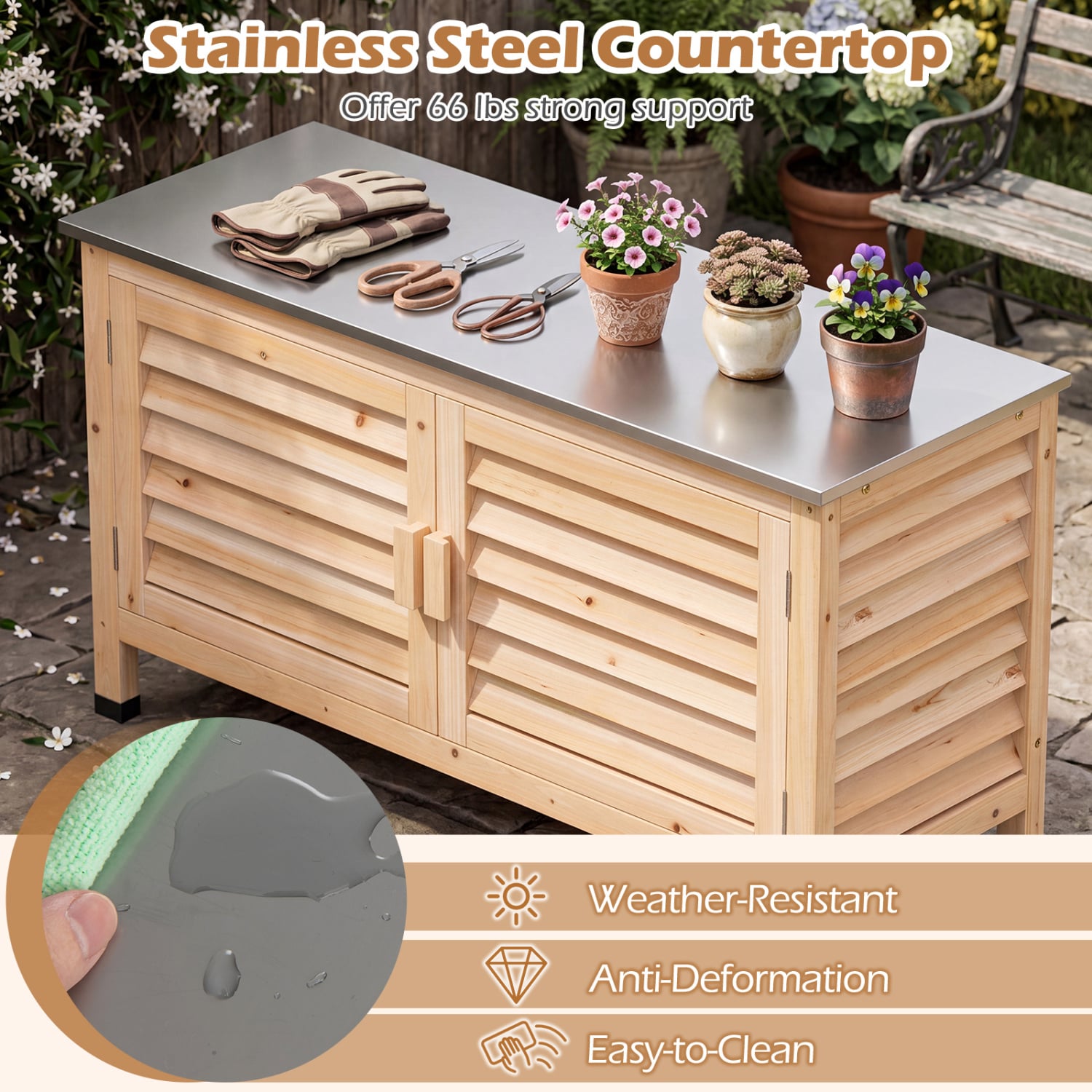 Patio Storage Cabinet, Stainless Steel Countertop, Natural Potting Benches & Tables at Gallery Canada