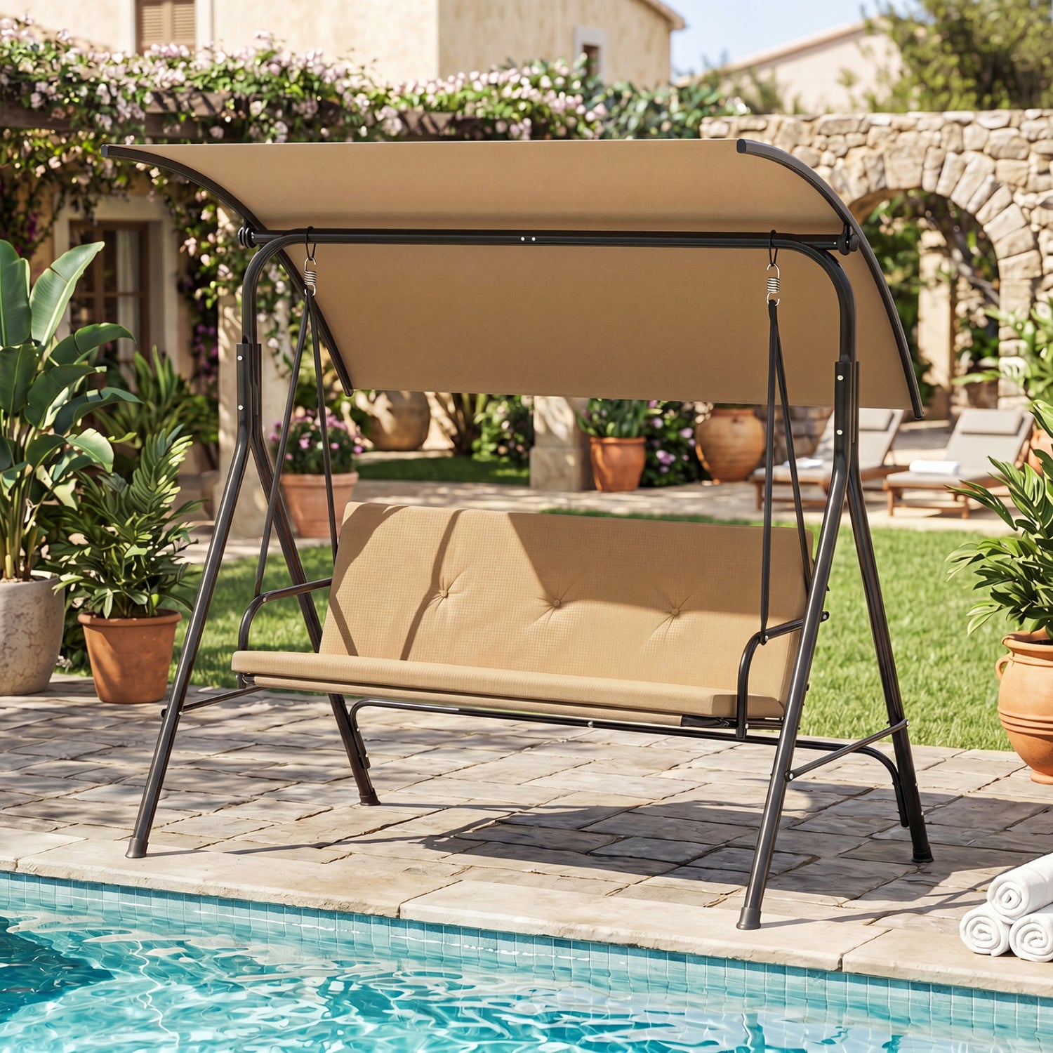 Patio Swing Chair with Adjustable Canopy & Removable Cushion and Metal Stand, Beige Porch Swings at Gallery Canada