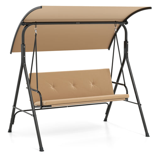 Patio Swing Chair with Adjustable Canopy & Removable Cushion and Metal Stand, Beige