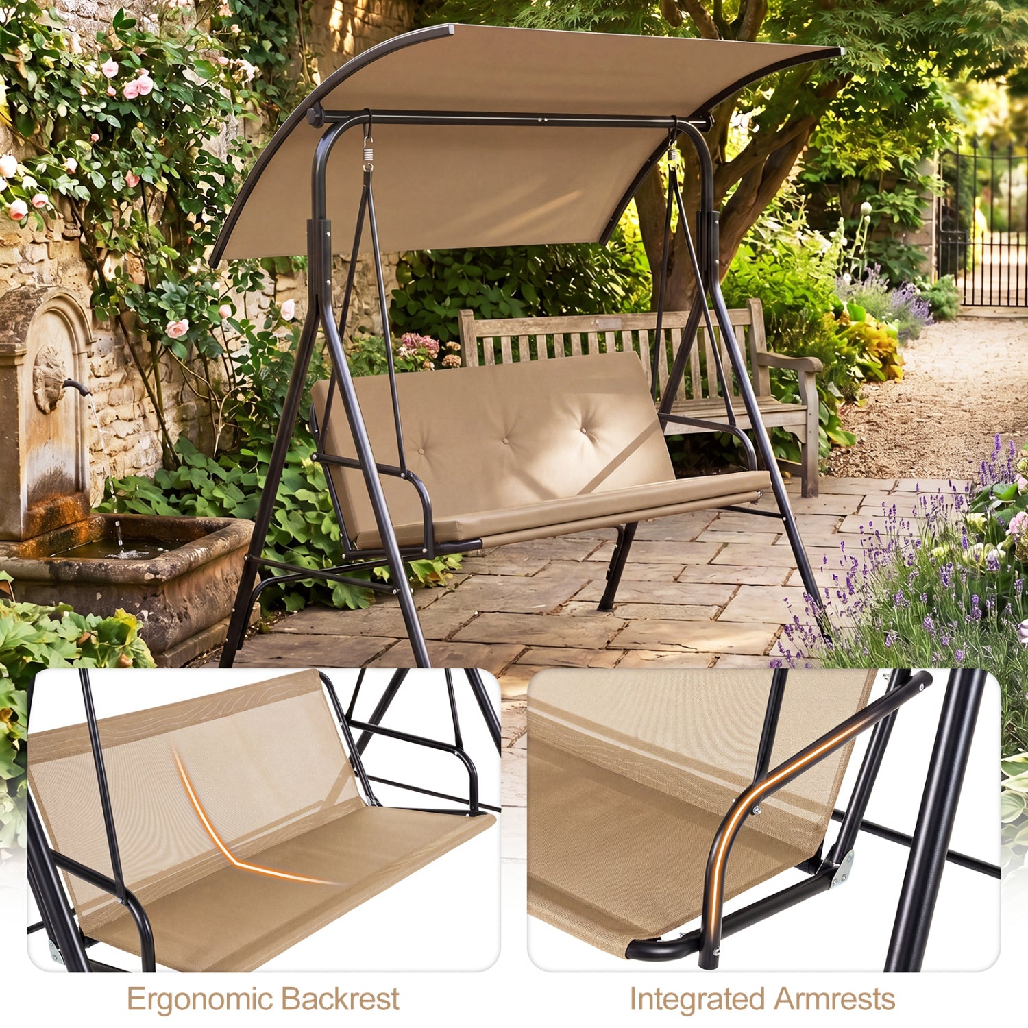 Patio Swing Chair with Adjustable Canopy & Removable Cushion and Metal Stand, Beige Porch Swings at Gallery Canada