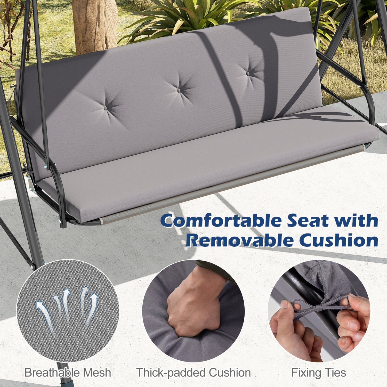 Patio Swing Chair with Adjustable Canopy & Removable Cushion and Metal Stand, Gray Porch Swings at Gallery Canada
