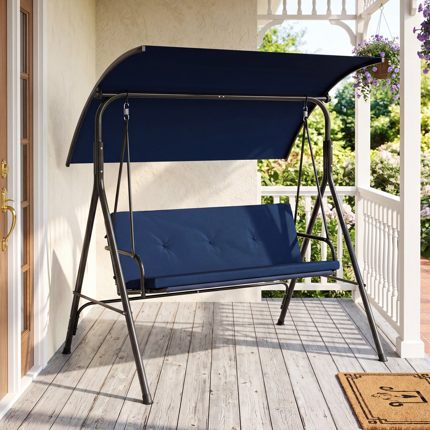 Patio Swing Chair with Adjustable Canopy & Removable Cushion and Metal Stand, Navy Porch Swings at Gallery Canada