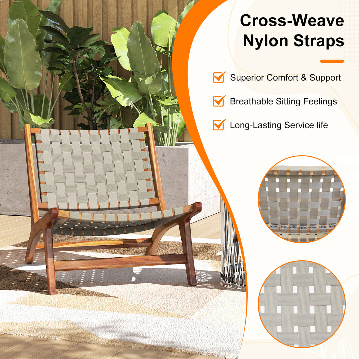 Patio Teak Wood Chair Outdoor Mid-Century Accent Chair with Nylon Webbing Seat Patio Dining Chairs at Gallery Canada