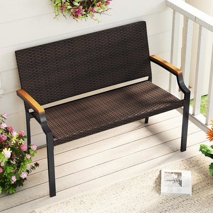 Patio Wicker Loveseat Chair, Acacia Wood Armrests, Metal Frame, Brown Patio Rocking Chairs & Gliders at Gallery Canada