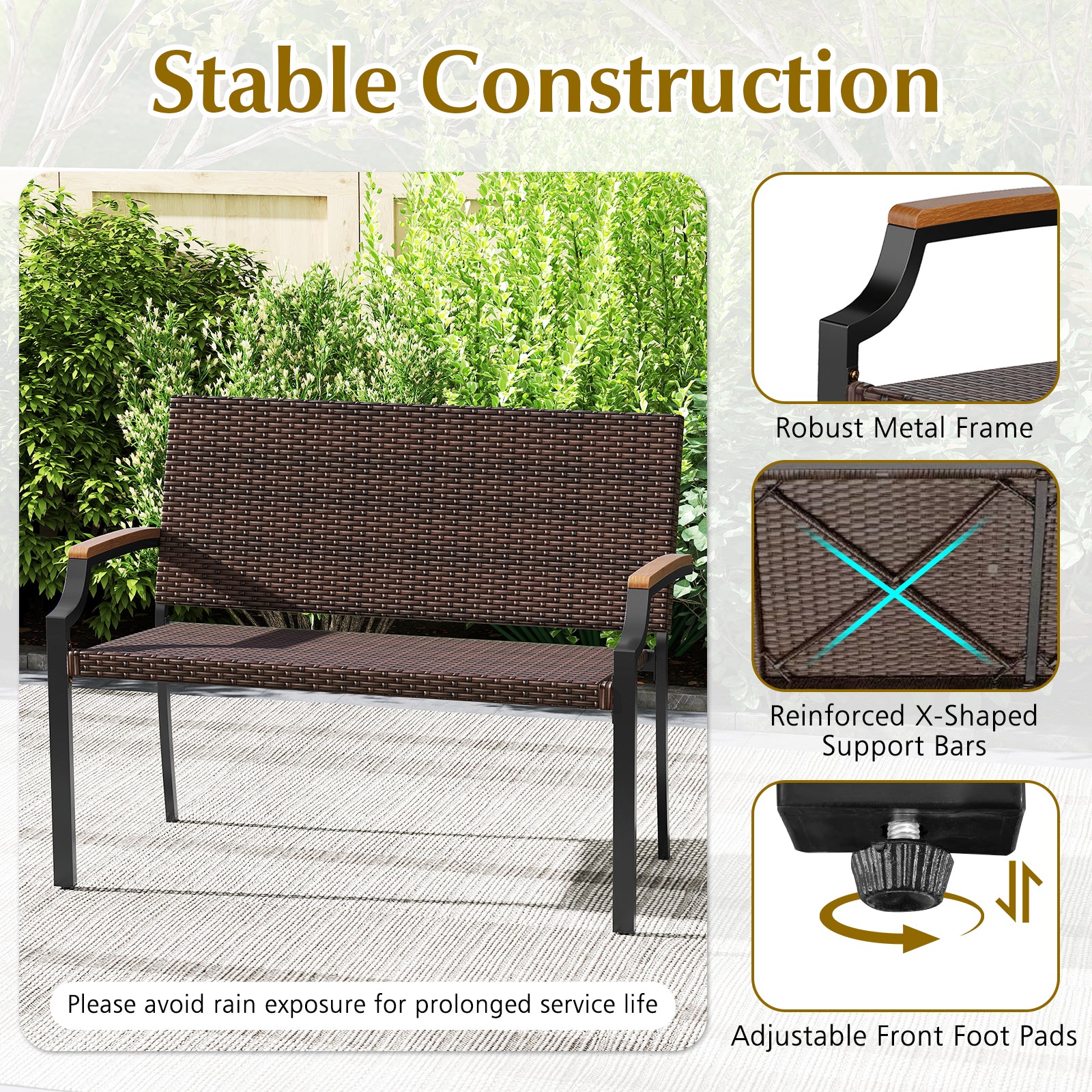 Patio Wicker Loveseat Chair, Acacia Wood Armrests, Metal Frame, Brown Patio Rocking Chairs & Gliders at Gallery Canada
