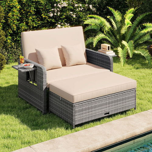Patio Wicker Loveseat Sofa with Ottoman, Side Tray, Beige
