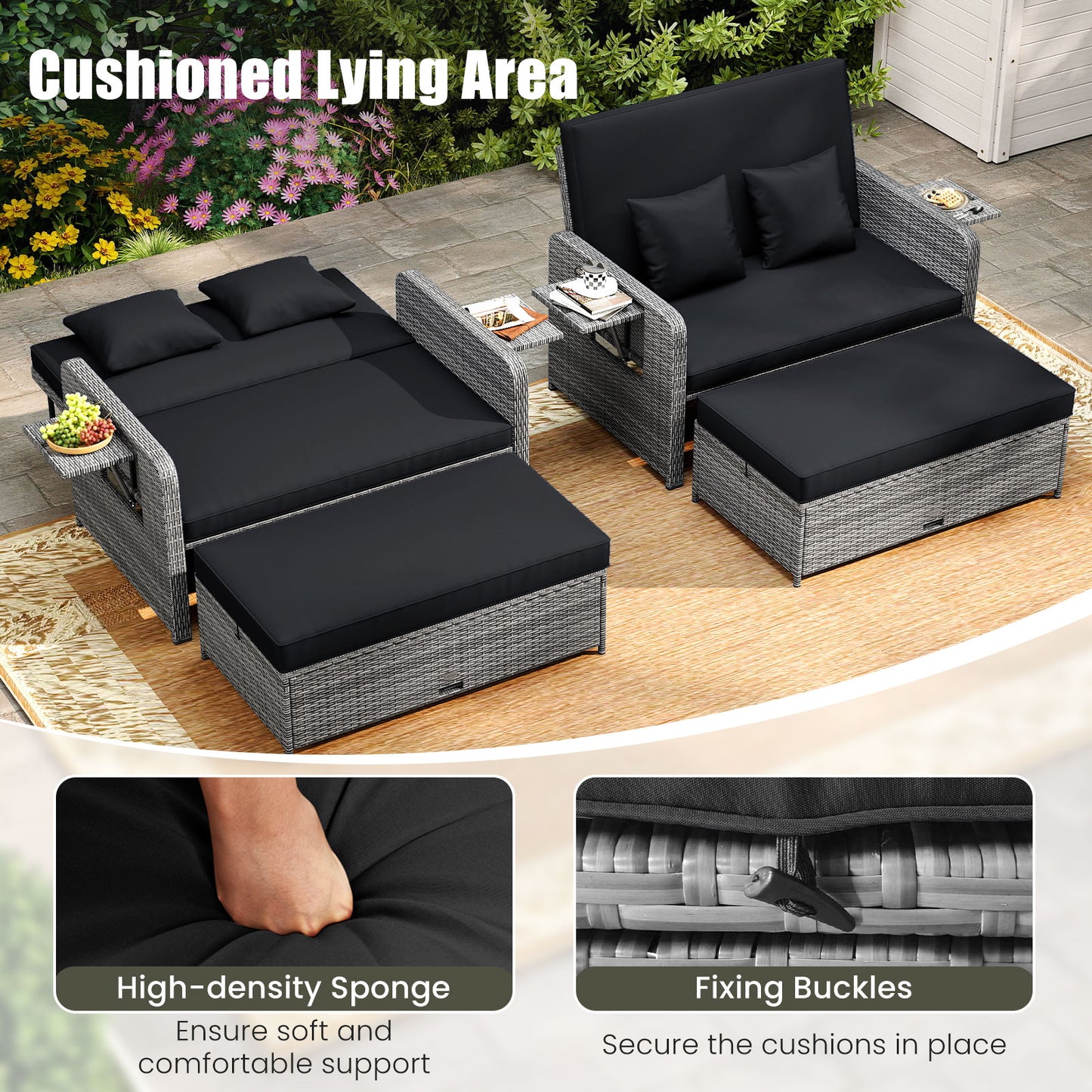 Wicker Loveseat Sofa With Ottoman, Side Tray, Black Patio Furniture Sets at Gallery Canada