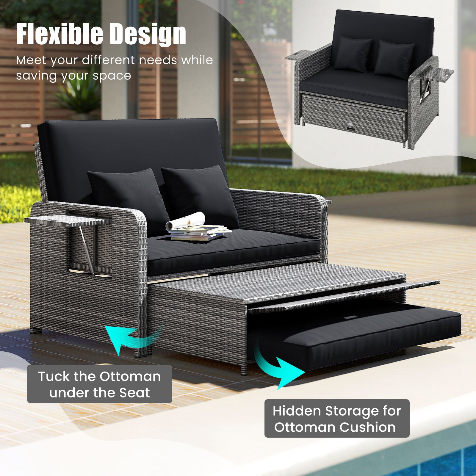 Wicker Loveseat Sofa With Ottoman, Side Tray, Black Patio Furniture Sets at Gallery Canada