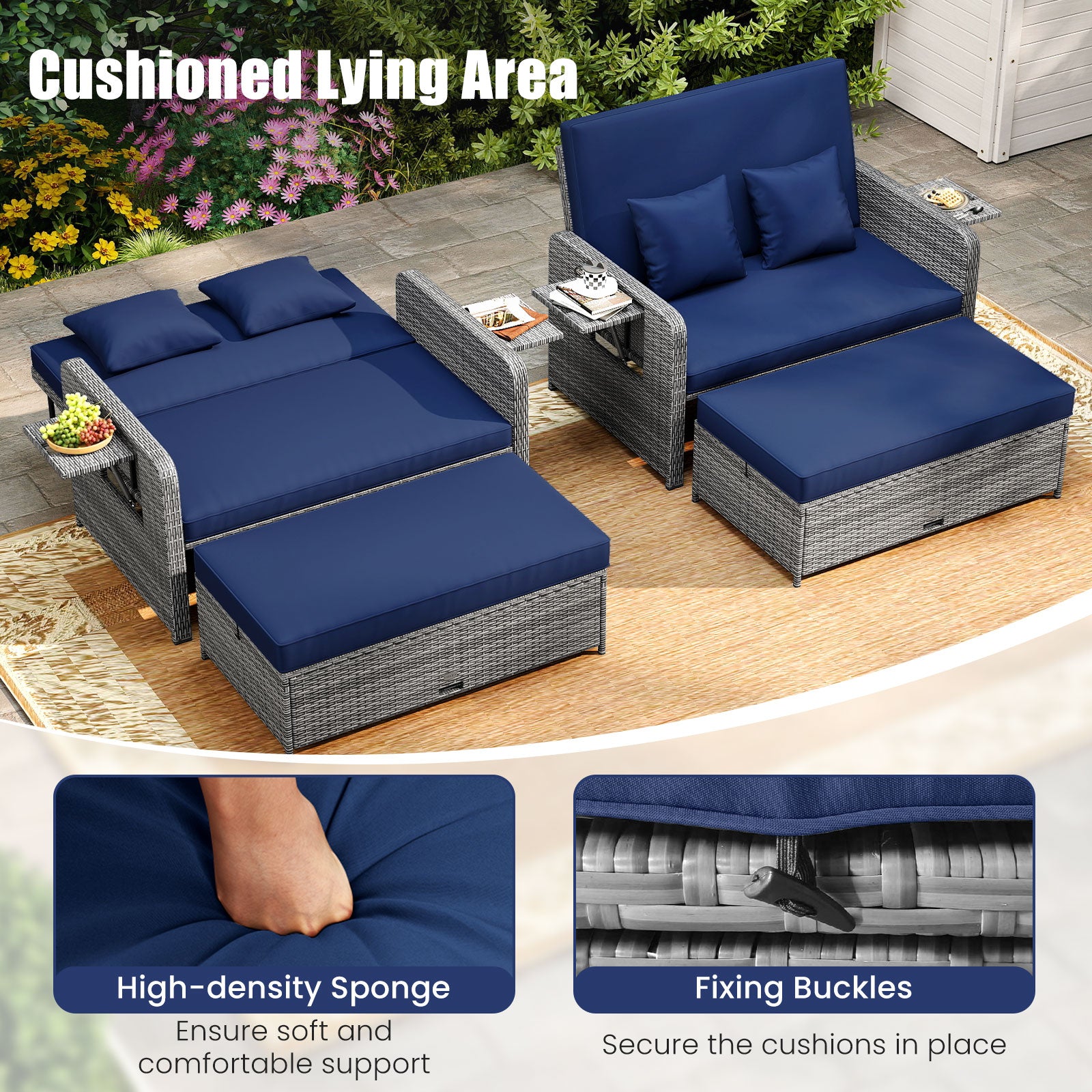 Patio Wicker Loveseat Sofa, Ottoman, Side Tray, Navy Patio Furniture Sets at Gallery Canada