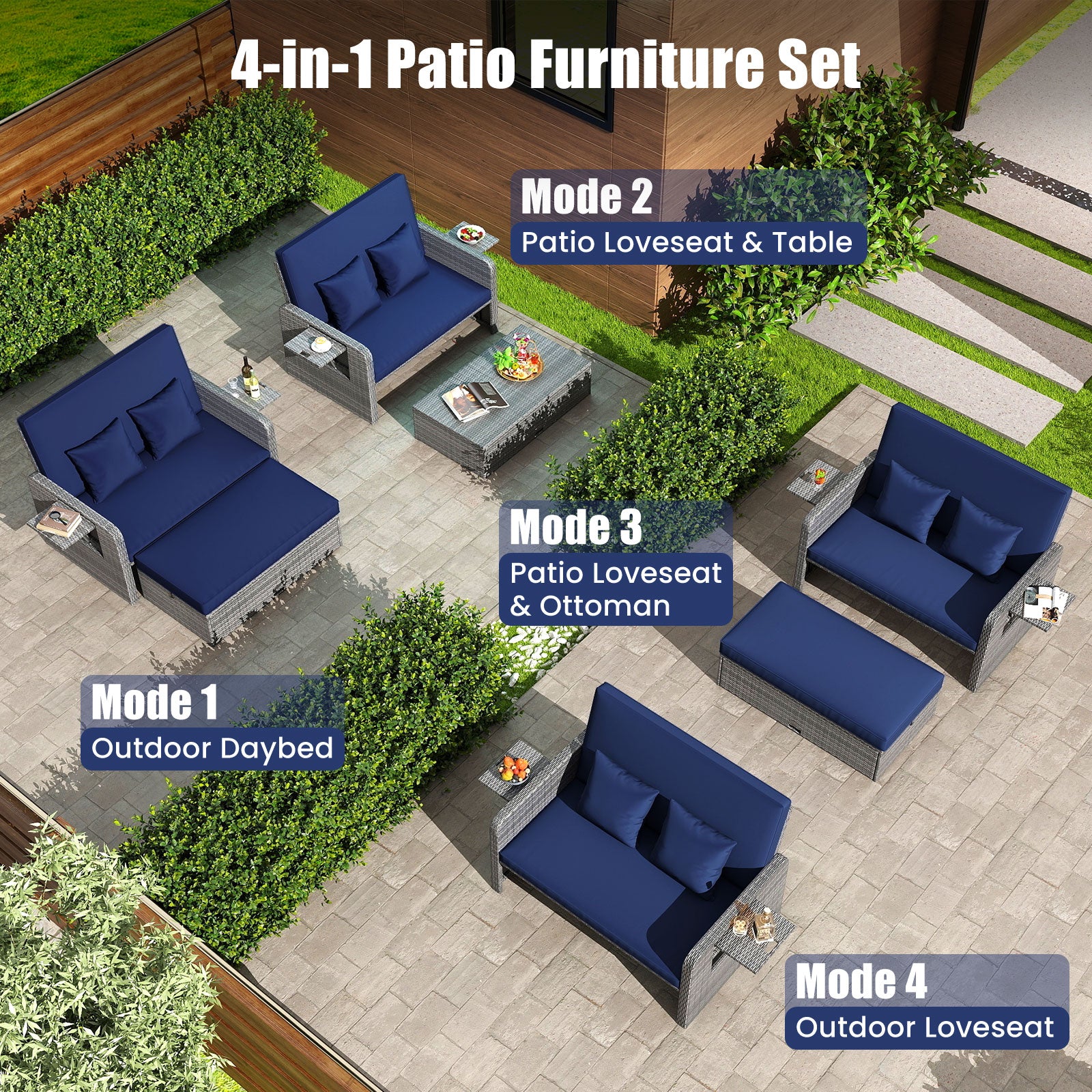 Patio Wicker Loveseat Sofa, Ottoman, Side Tray, Navy Patio Furniture Sets at Gallery Canada