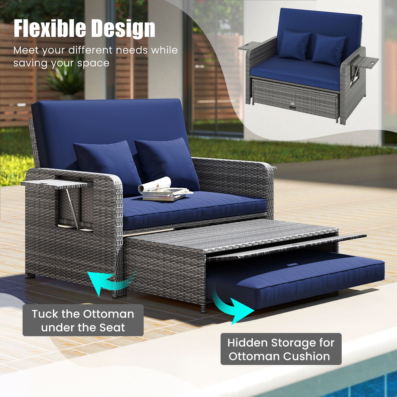 Patio Wicker Loveseat Sofa, Ottoman, Side Tray, Navy Patio Furniture Sets at Gallery Canada