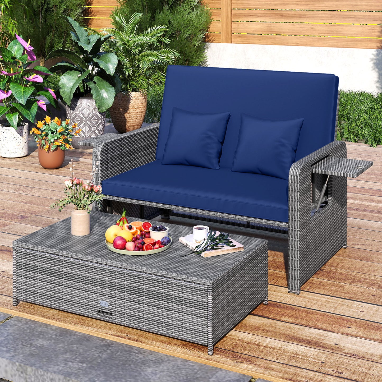 Patio Wicker Loveseat Sofa, Ottoman, Side Tray, Navy Patio Furniture Sets at Gallery Canada