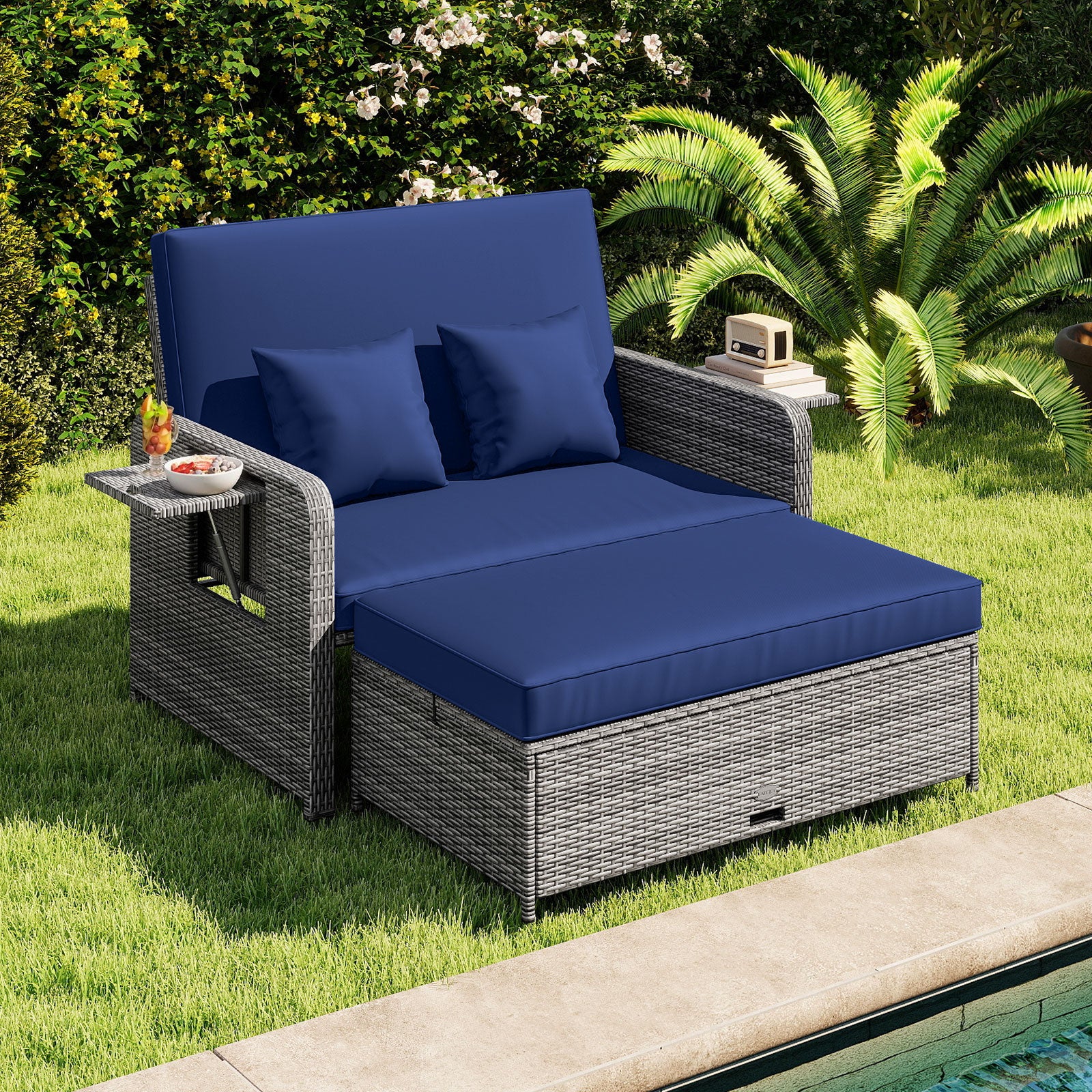Patio Wicker Loveseat Sofa, Ottoman, Side Tray, Navy Patio Furniture Sets at Gallery Canada