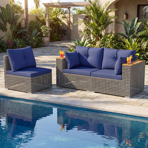 Patio Wicker Sectional Set, 1 Armless 2 Corner Sofas, Navy