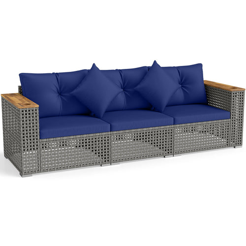 Patio Wicker Sectional Set, 1 Armless 2 Corner Sofas, Navy