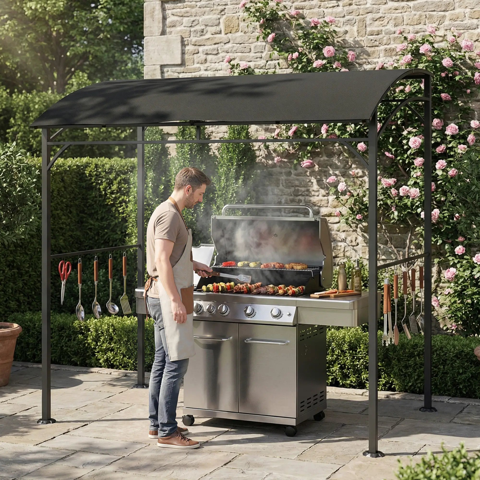 7' x 5' Black Garden Grill Canopy, BBQ Gazebo Tent With Steel Frame, Black BBQ Grill Gazebos at Gallery Canada