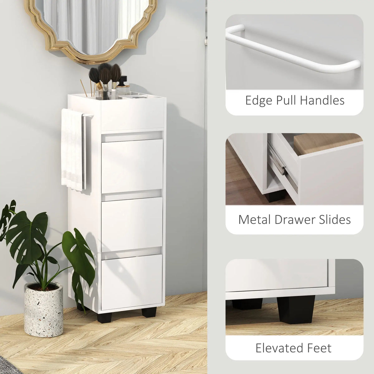Slim Bathroom Cabinet, 4 Compartments, 3 Drawers, Towel Rack, White Freestanding Bathroom Cabinets at Gallery Canada