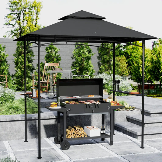 8' x 5' Outdoor Grill Gazebo, Double Tiered With Shelves, Dark Grey BBQ Grill Gazebos Dark Grey at Gallery Canada