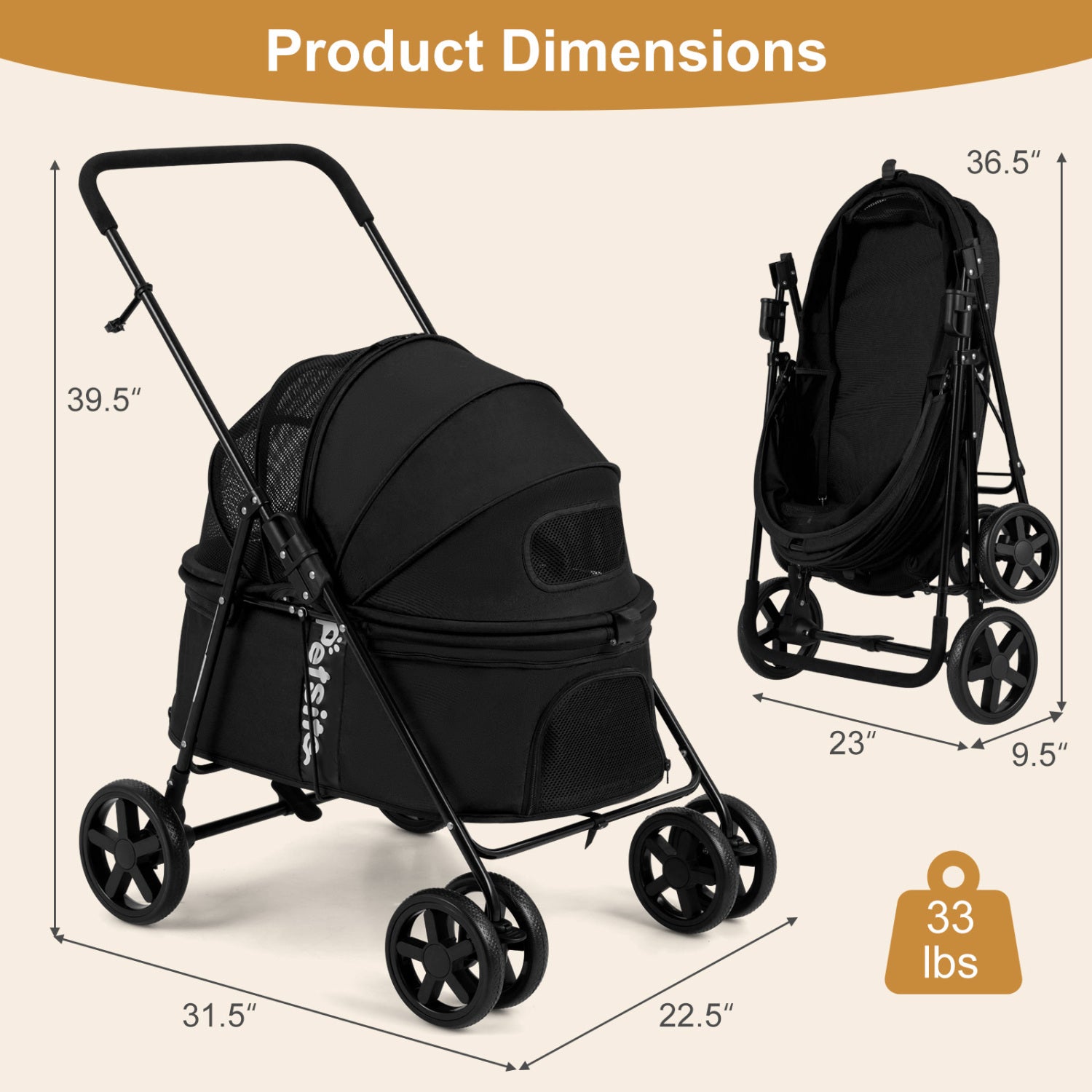Pet Stroller for Small Medium Dogs Foldable with One-Step Rear Brake and Canopy, Black Dog Supplies at Gallery Canada